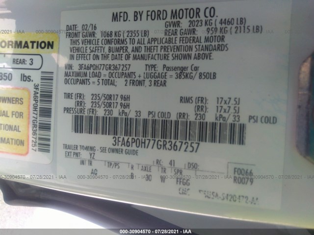 Photo 8 VIN: 3FA6P0H77GR367257 - FORD FUSION 