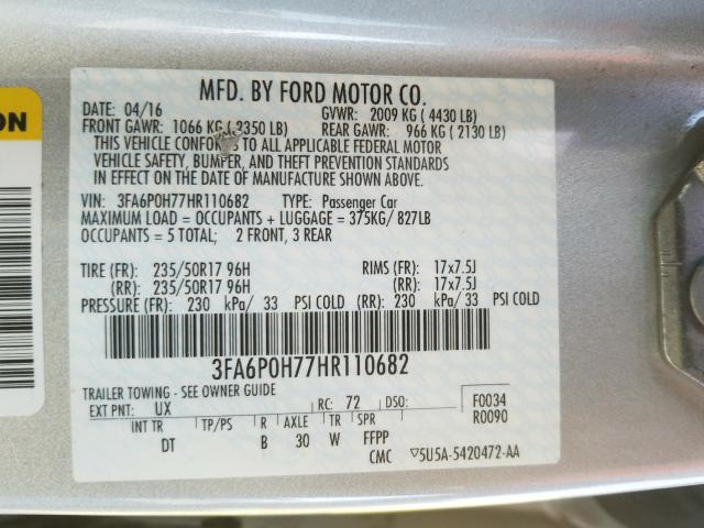 Photo 9 VIN: 3FA6P0H77HR110682 - FORD FUSION SE 