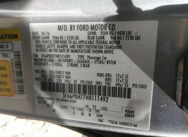 Photo 8 VIN: 3FA6P0H77HR111492 - FORD FUSION 