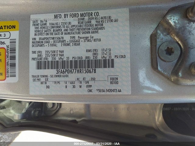 Photo 8 VIN: 3FA6P0H77HR150678 - FORD FUSION 