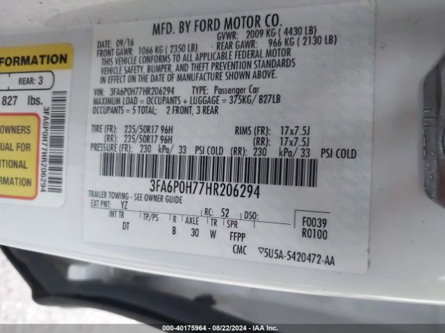 Photo 8 VIN: 3FA6P0H77HR206294 - FORD FUSION 