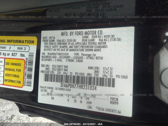 Photo 8 VIN: 3FA6P0H77HR231034 - FORD FUSION 