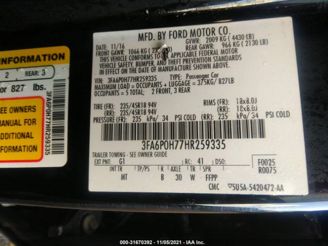 Photo 8 VIN: 3FA6P0H77HR259335 - FORD FUSION 