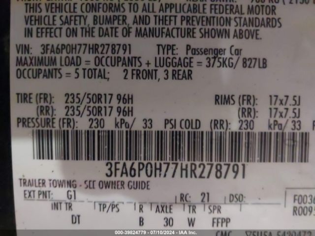 Photo 8 VIN: 3FA6P0H77HR278791 - FORD FUSION 