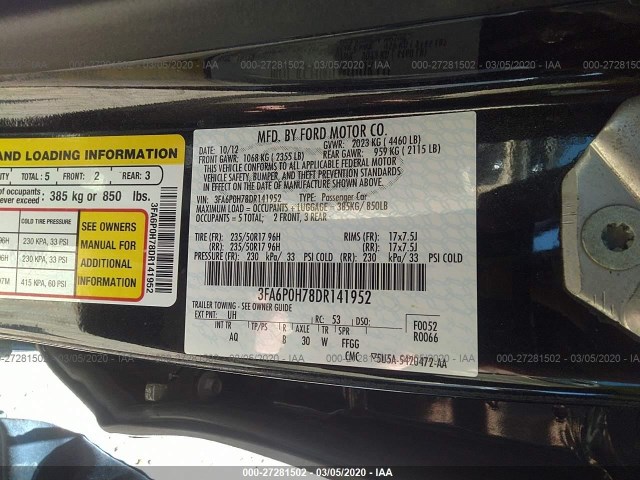 Photo 8 VIN: 3FA6P0H78DR141952 - FORD FUSION 