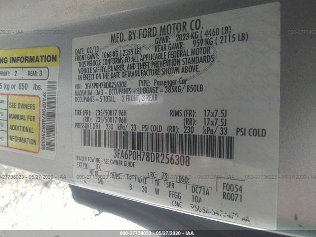 Photo 8 VIN: 3FA6P0H78DR256308 - FORD FUSION 