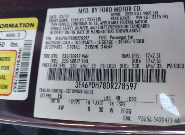 Photo 8 VIN: 3FA6P0H78DR278597 - FORD FUSION 