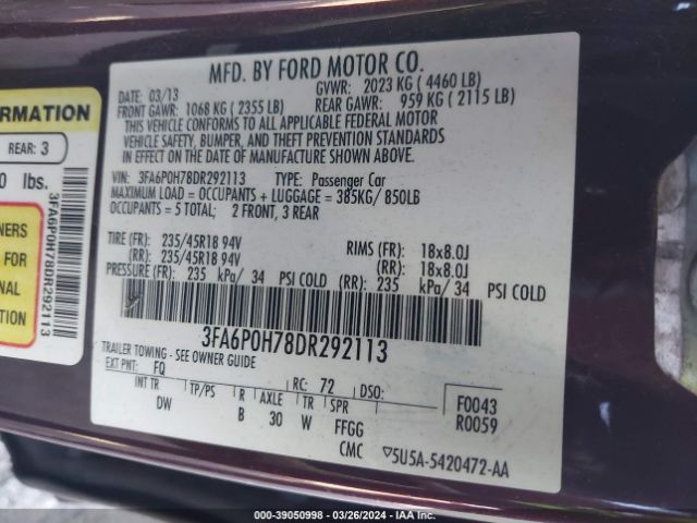 Photo 8 VIN: 3FA6P0H78DR292113 - FORD FUSION 