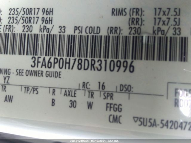 Photo 8 VIN: 3FA6P0H78DR310996 - FORD FUSION 