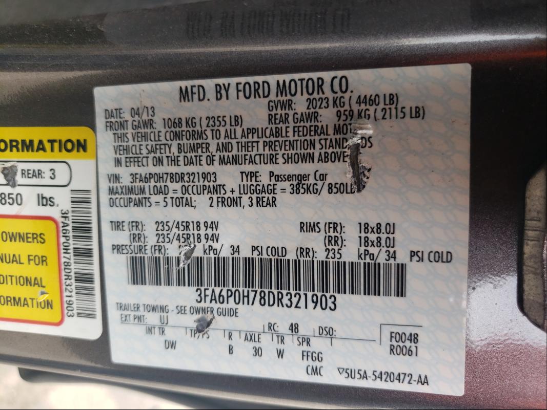 Photo 9 VIN: 3FA6P0H78DR321903 - FORD FUSION SE 