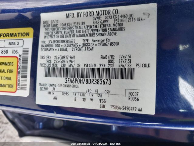 Photo 8 VIN: 3FA6P0H78DR383673 - FORD FUSION 