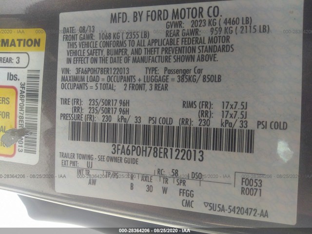 Photo 8 VIN: 3FA6P0H78ER122013 - FORD FUSION 