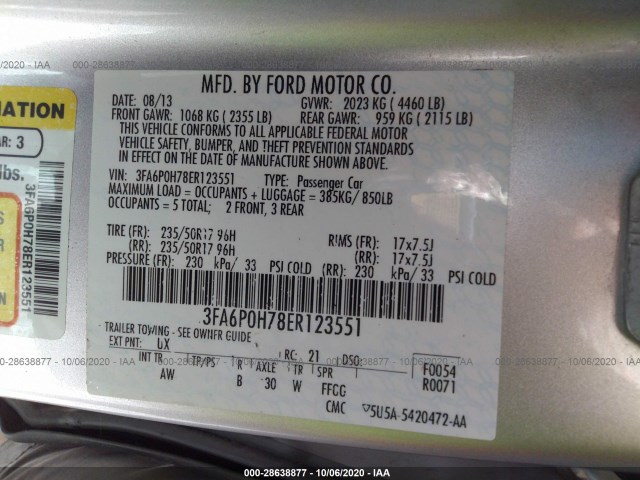 Photo 8 VIN: 3FA6P0H78ER123551 - FORD FUSION 