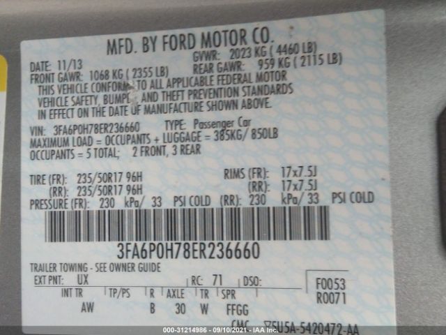 Photo 8 VIN: 3FA6P0H78ER236660 - FORD FUSION 