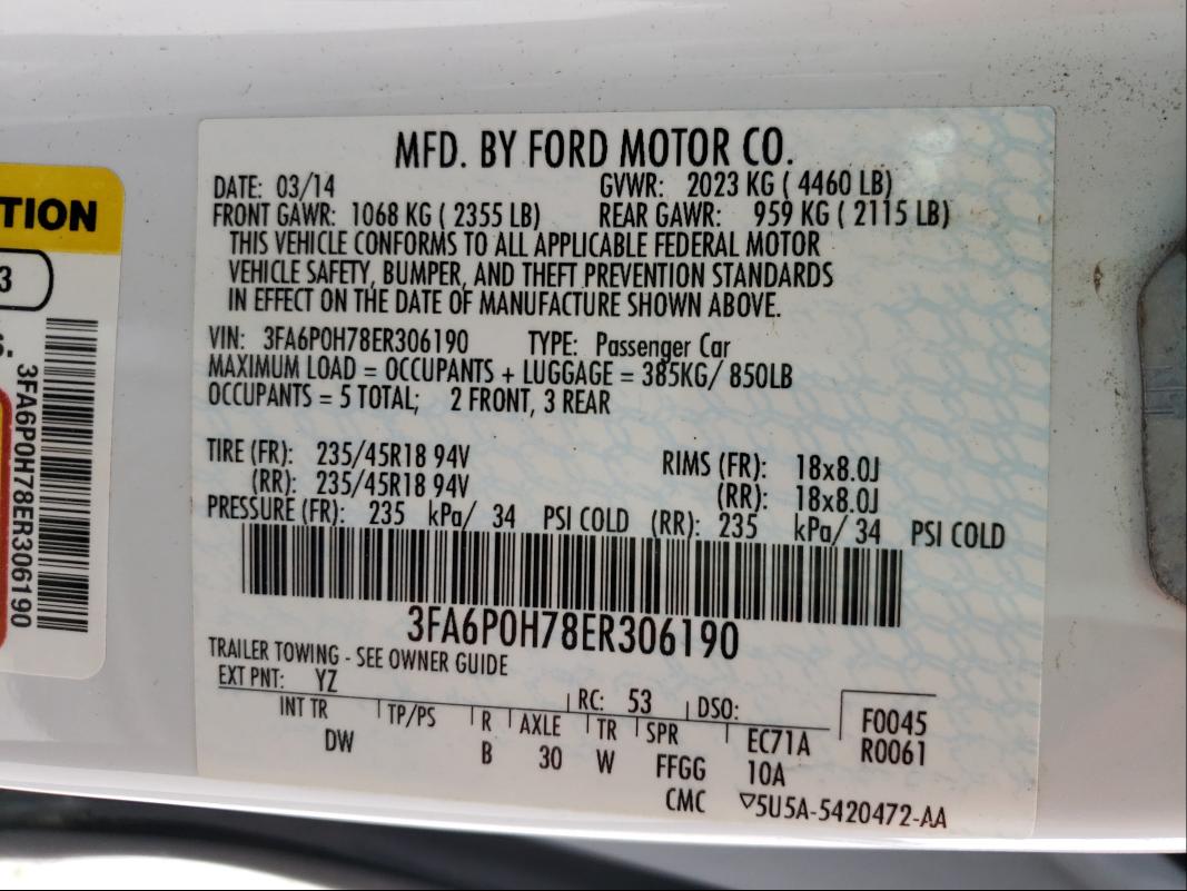 Photo 9 VIN: 3FA6P0H78ER306190 - FORD FUSION SE 