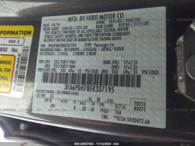 Photo 8 VIN: 3FA6P0H78ER337195 - FORD FUSION 