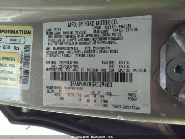 Photo 8 VIN: 3FA6P0H78GR129403 - FORD FUSION 