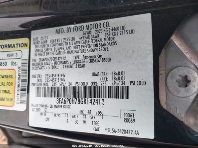 Photo 8 VIN: 3FA6P0H78GR142412 - FORD FUSION 