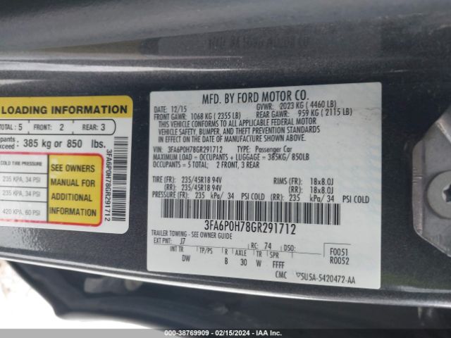 Photo 8 VIN: 3FA6P0H78GR291712 - FORD FUSION 