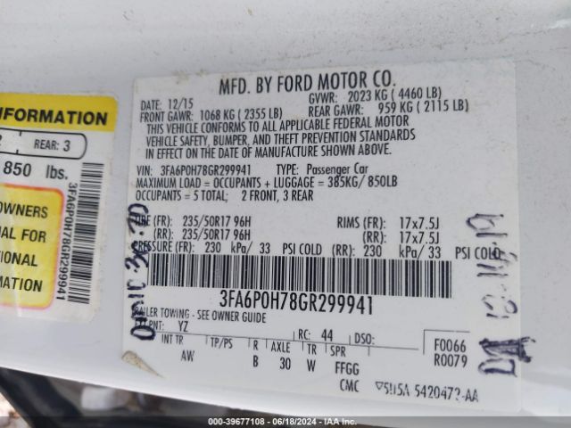 Photo 8 VIN: 3FA6P0H78GR299941 - FORD FUSION 