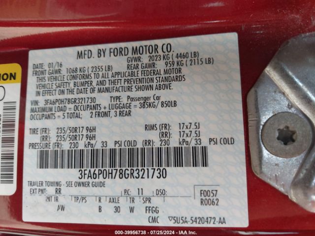 Photo 8 VIN: 3FA6P0H78GR321730 - FORD FUSION 