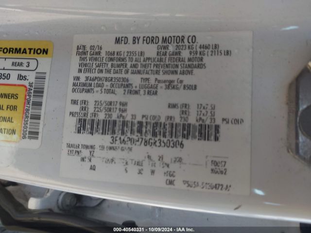 Photo 8 VIN: 3FA6P0H78GR350306 - FORD FUSION 