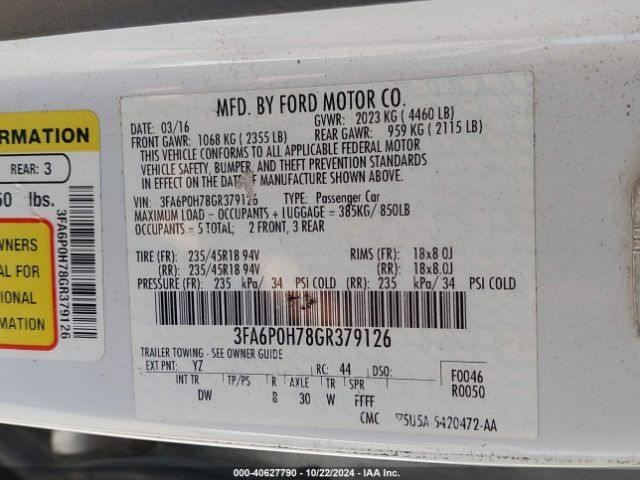 Photo 8 VIN: 3FA6P0H78GR379126 - FORD FUSION 