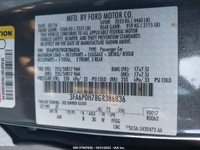 Photo 8 VIN: 3FA6P0H78GR386836 - FORD FUSION 