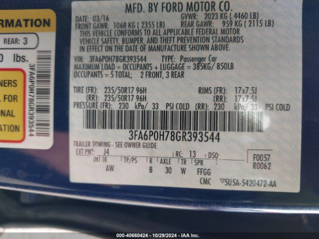 Photo 8 VIN: 3FA6P0H78GR393544 - FORD FUSION 