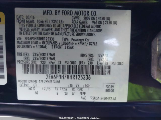 Photo 8 VIN: 3FA6P0H78HR125336 - FORD FUSION 