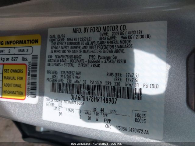 Photo 8 VIN: 3FA6P0H78HR148907 - FORD FUSION 