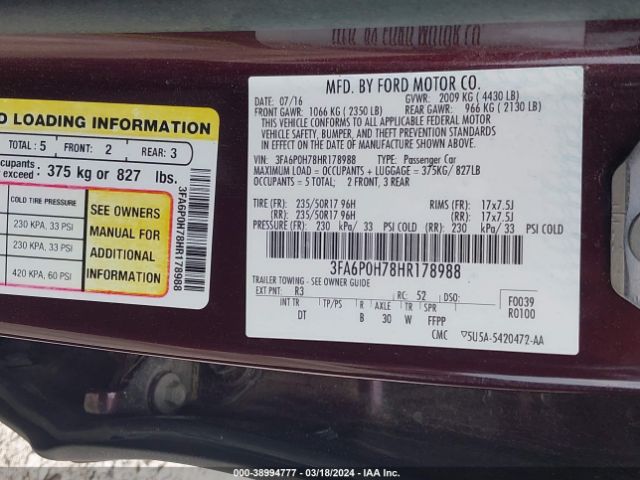 Photo 8 VIN: 3FA6P0H78HR178988 - FORD FUSION 