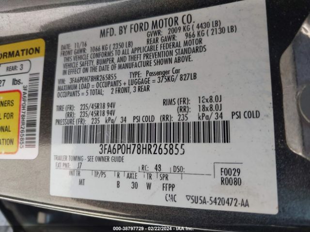 Photo 8 VIN: 3FA6P0H78HR265855 - FORD FUSION 