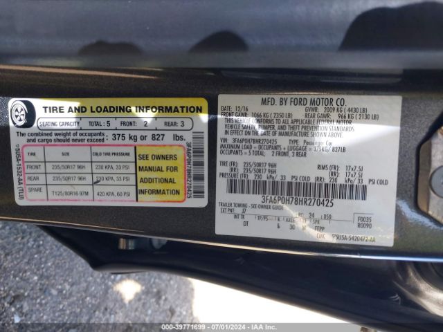 Photo 8 VIN: 3FA6P0H78HR270425 - FORD FUSION 