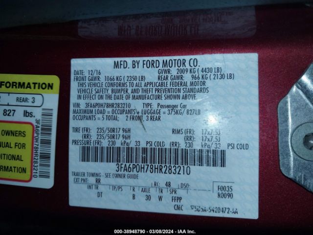 Photo 8 VIN: 3FA6P0H78HR283210 - FORD FUSION 