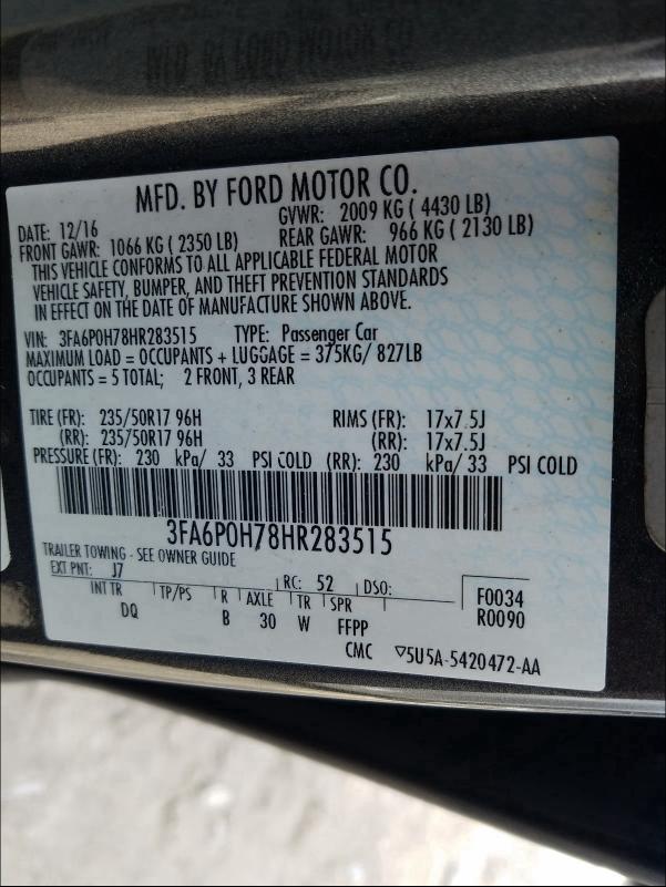 Photo 9 VIN: 3FA6P0H78HR283515 - FORD FUSION SE 