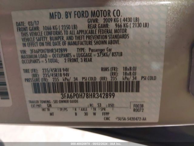 Photo 8 VIN: 3FA6P0H78HR342899 - FORD FUSION 