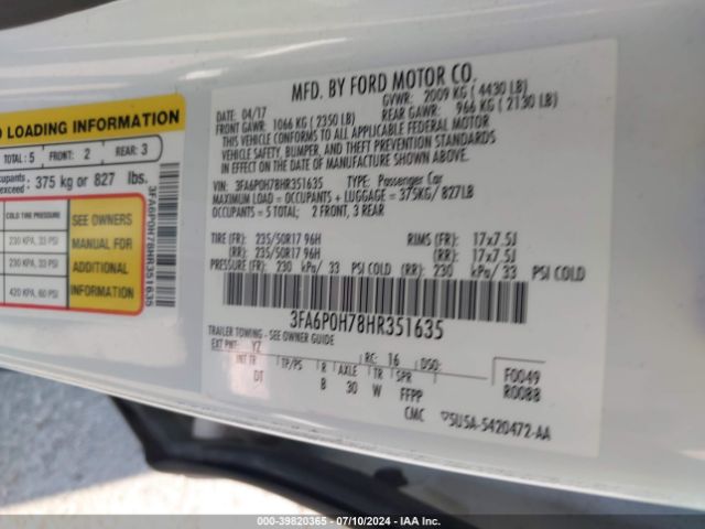 Photo 8 VIN: 3FA6P0H78HR351635 - FORD FUSION 