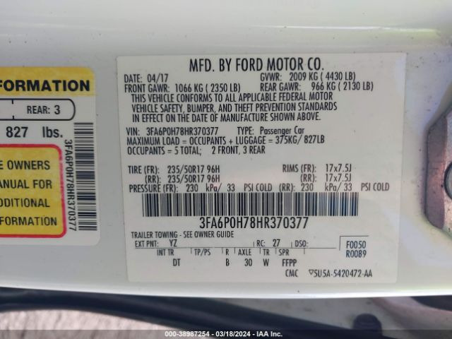 Photo 8 VIN: 3FA6P0H78HR370377 - FORD FUSION 