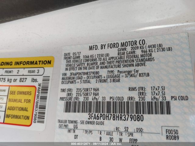 Photo 8 VIN: 3FA6P0H78HR379080 - FORD FUSION 