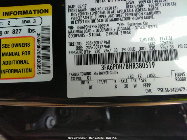 Photo 8 VIN: 3FA6P0H78HR380519 - FORD FUSION 