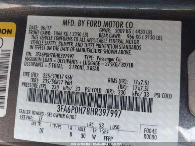 Photo 8 VIN: 3FA6P0H78HR397997 - FORD FUSION 