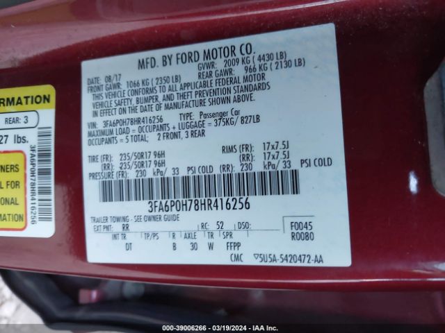 Photo 8 VIN: 3FA6P0H78HR416256 - FORD FUSION 