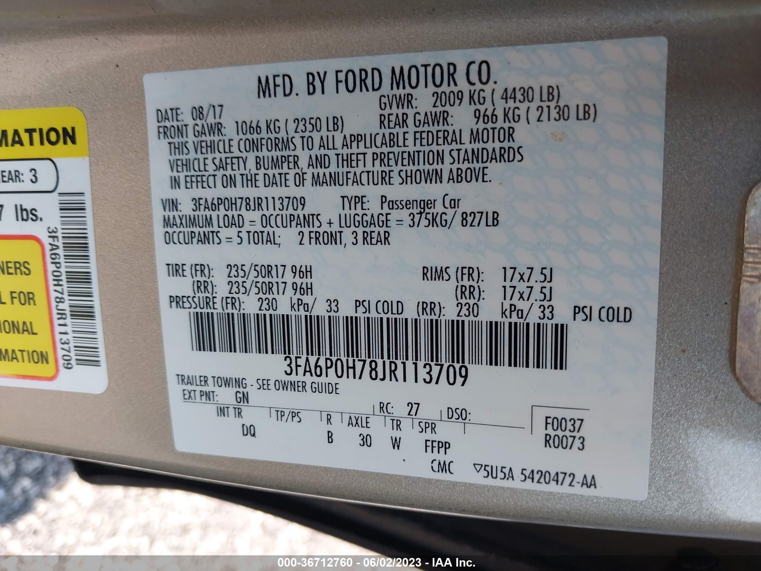 Photo 8 VIN: 3FA6P0H78JR113709 - FORD FUSION 