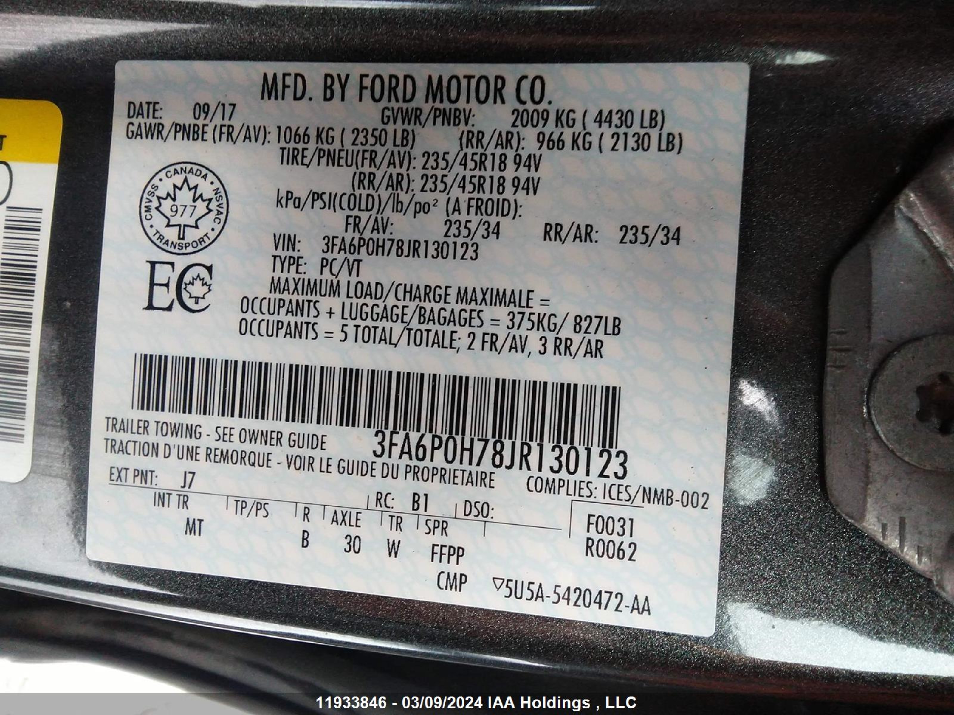 Photo 8 VIN: 3FA6P0H78JR130123 - FORD FUSION 