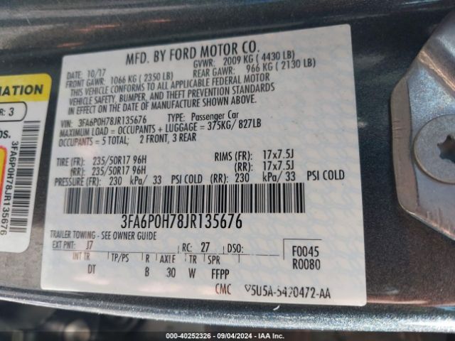 Photo 8 VIN: 3FA6P0H78JR135676 - FORD FUSION 