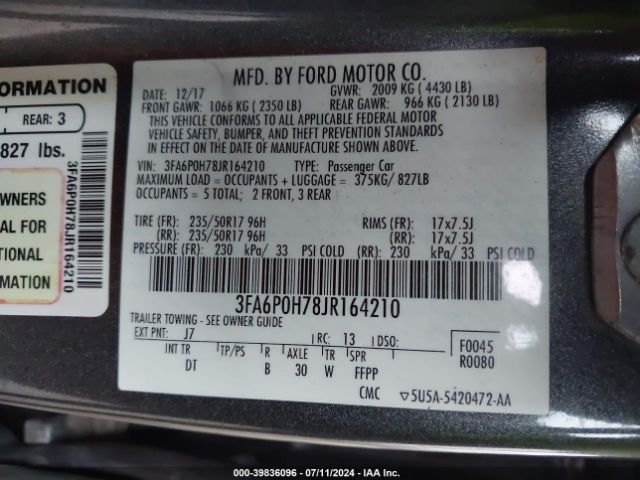 Photo 8 VIN: 3FA6P0H78JR164210 - FORD FUSION 