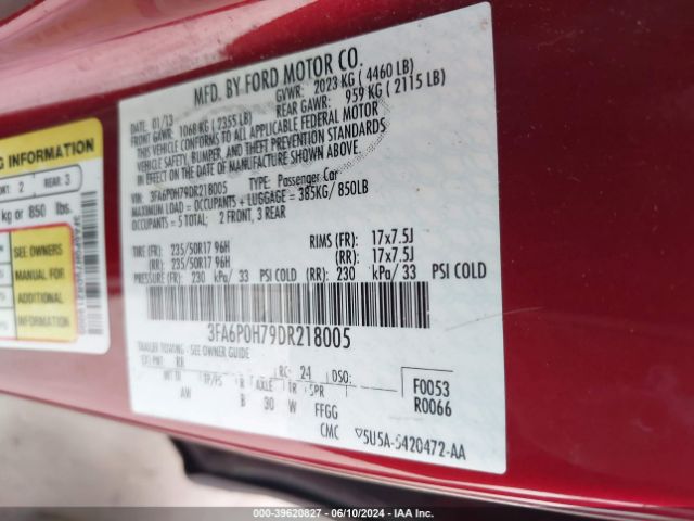 Photo 8 VIN: 3FA6P0H79DR218005 - FORD FUSION 