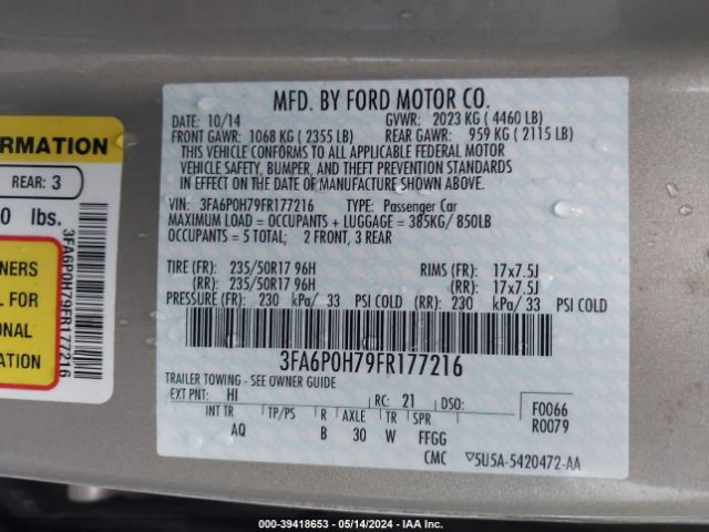 Photo 8 VIN: 3FA6P0H79FR177216 - FORD FUSION 