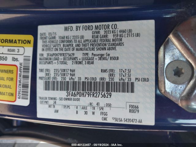 Photo 8 VIN: 3FA6P0H79FR275629 - FORD FUSION 